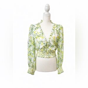 Alice + Olivia Yellow Floral Ruffle Smocked Blouse Size L